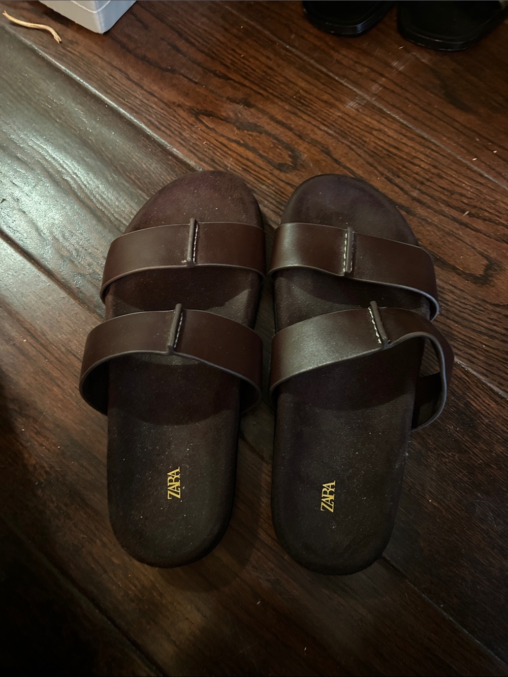 Zara Dark Brown Double-Strap Slide Sandals
